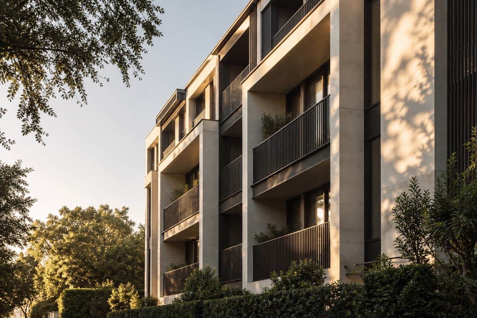 Contemporary multi-unit residential property in warm morning light