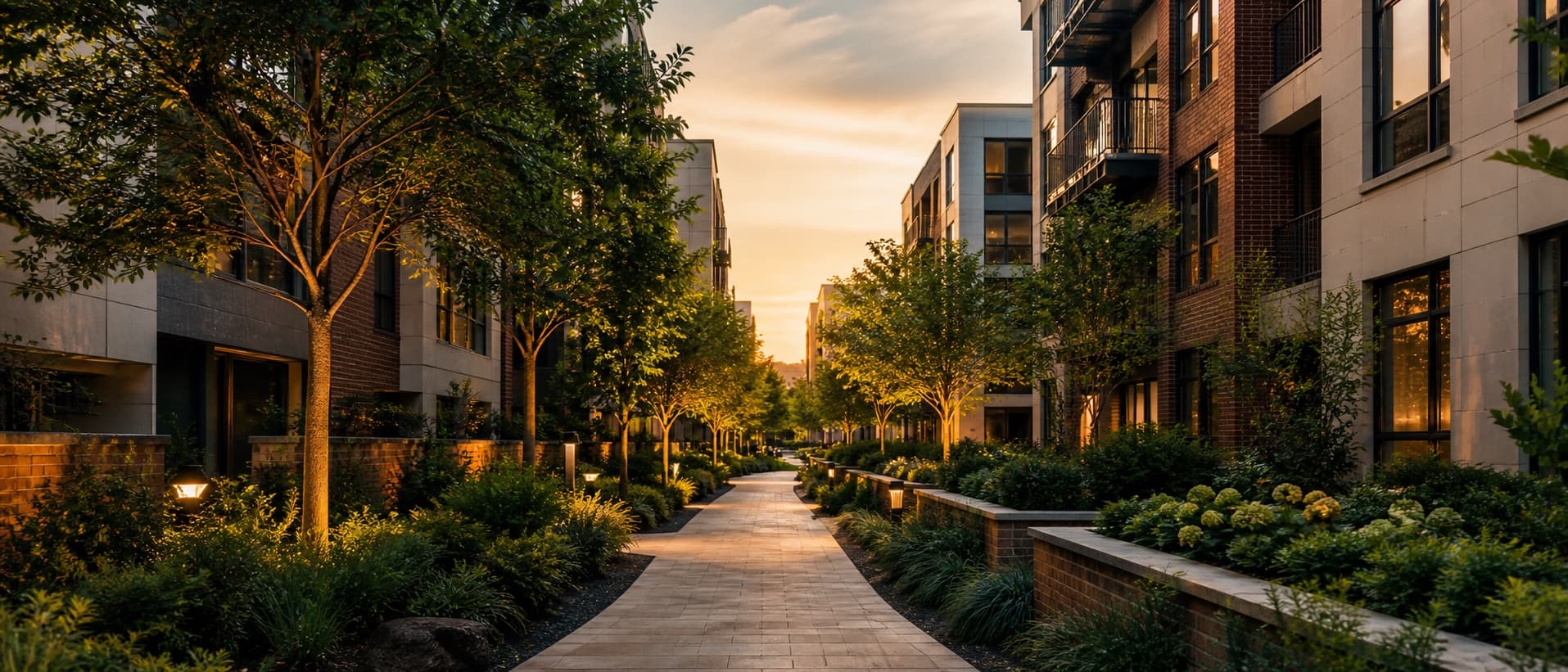 Landscaped pathway through a residential property portfolio